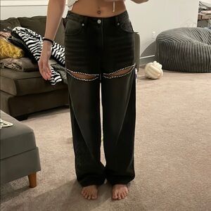 Forever 21 Black High Rise Wide Leg Bejeweled Thigh Slit Jeans